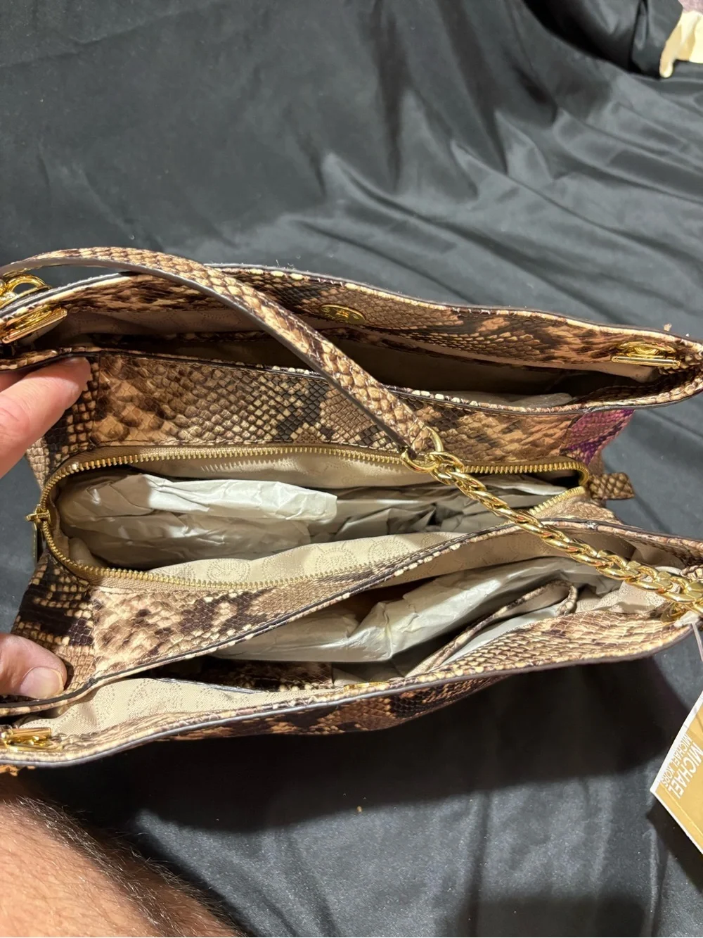 Michael Kors Tan and Brown Snake-Print Shoulder Bag with Gold Chain